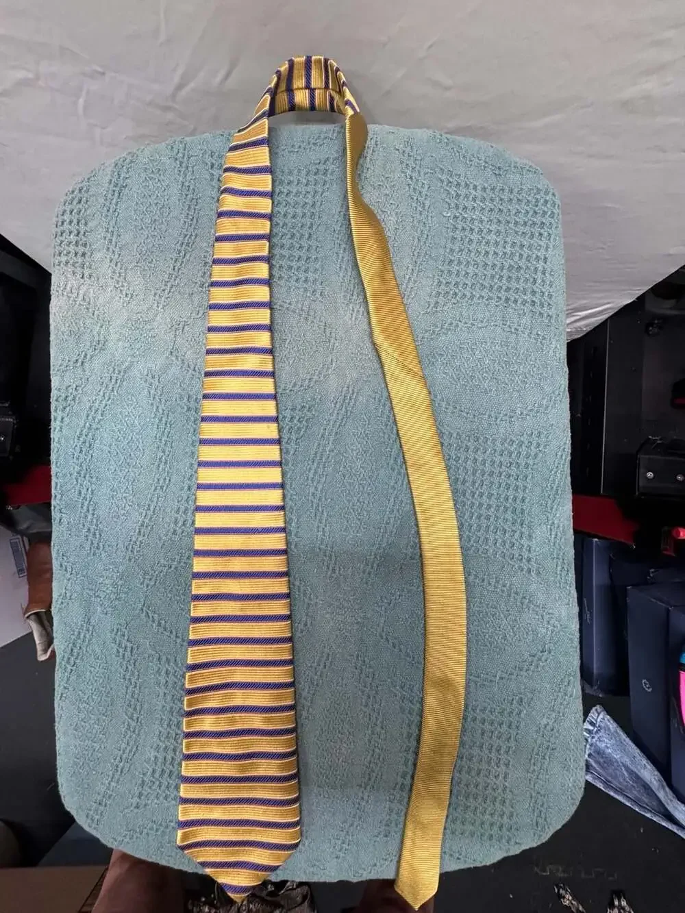 Tommy Hilfiger Men's Striped 100% Silk Necktie Gold and Blue